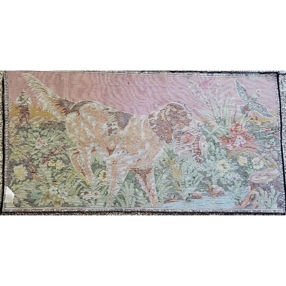 VTG Pointer Dog Bird Hunt Scene Tapestry Rug Rayon Cotton 38x20" Man Cave Cabin - Picture 7 of 8